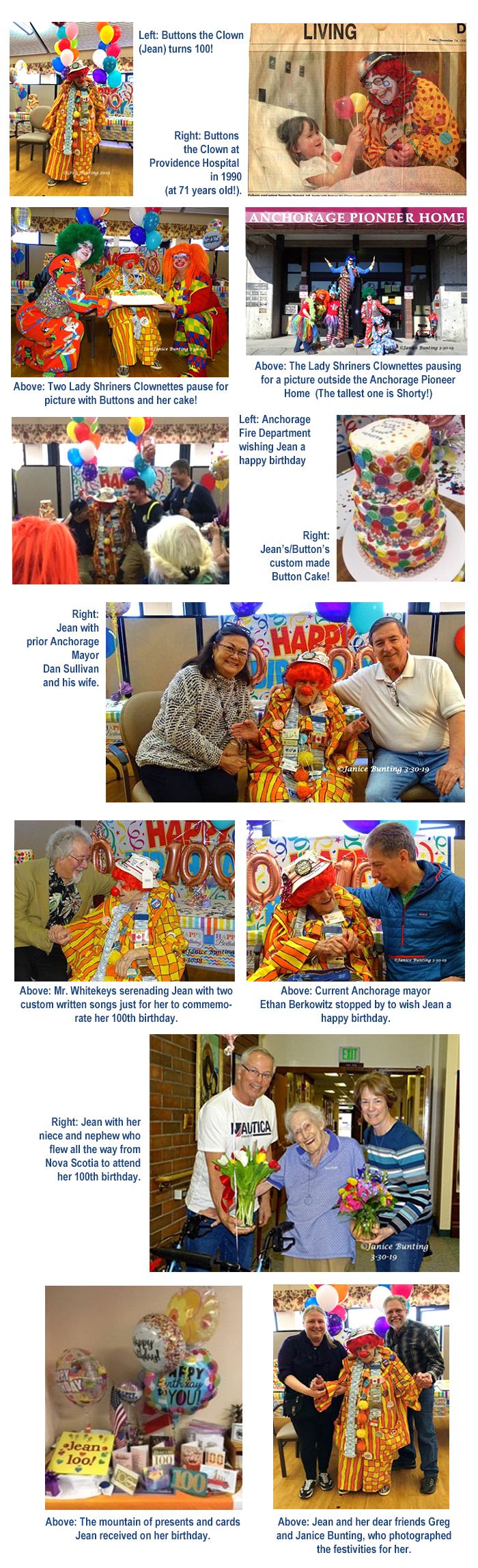 Photo composite of Jean Kaufman as her clown alter ego and celebrations with Alaskan dignitaries and  celebrities.