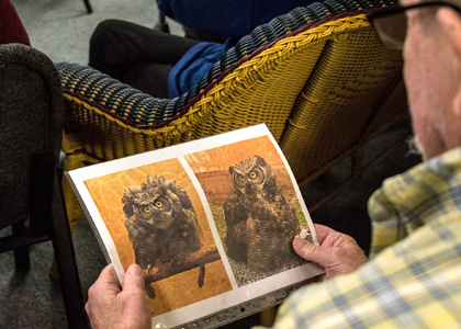 Man holding paper with photos of owls